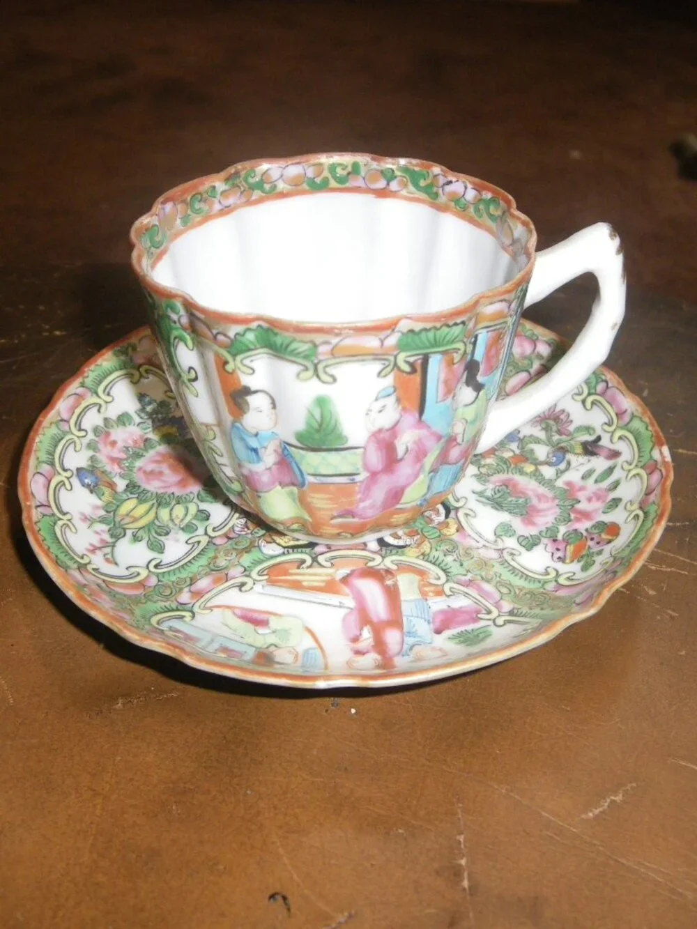 Vintage China Teacup & Saucer Set Old Asian Themed Graphics
